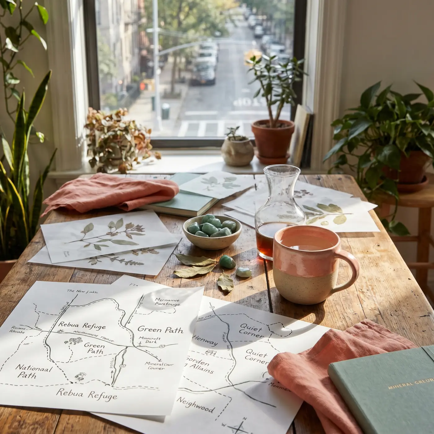 A desk with neighborhood route maps, botanical sheets, and calm planning objects for Rebua