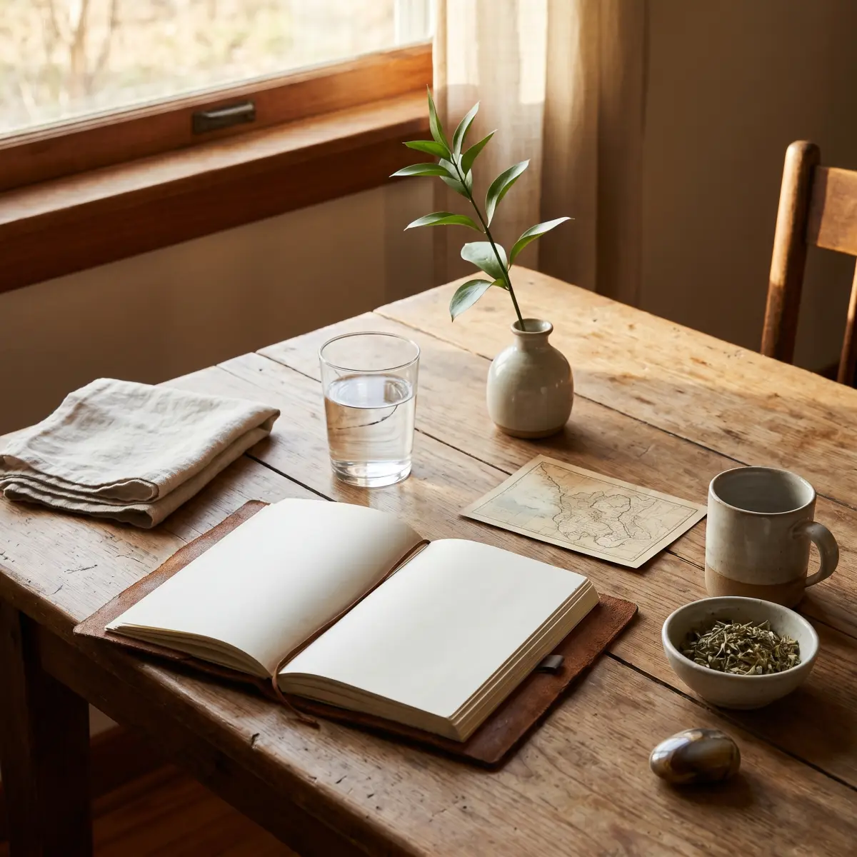 Small restorative ritual table with notebook, water, folded cloth, and plant stem