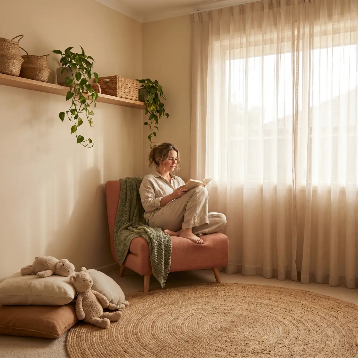 Calm reading corner with filtered light, muted colors, and open floor space