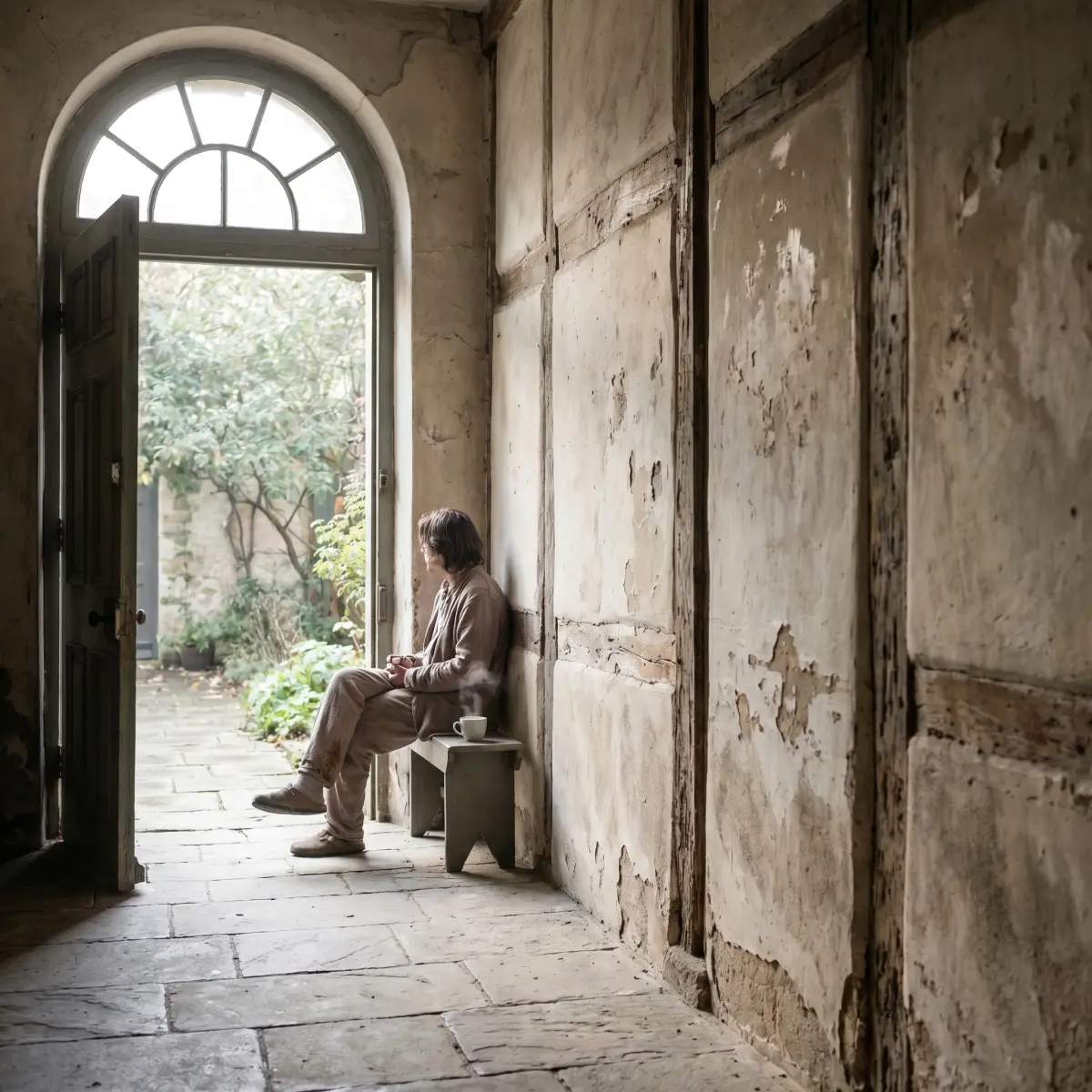 Quiet doorway threshold with gentle morning light and textured walls